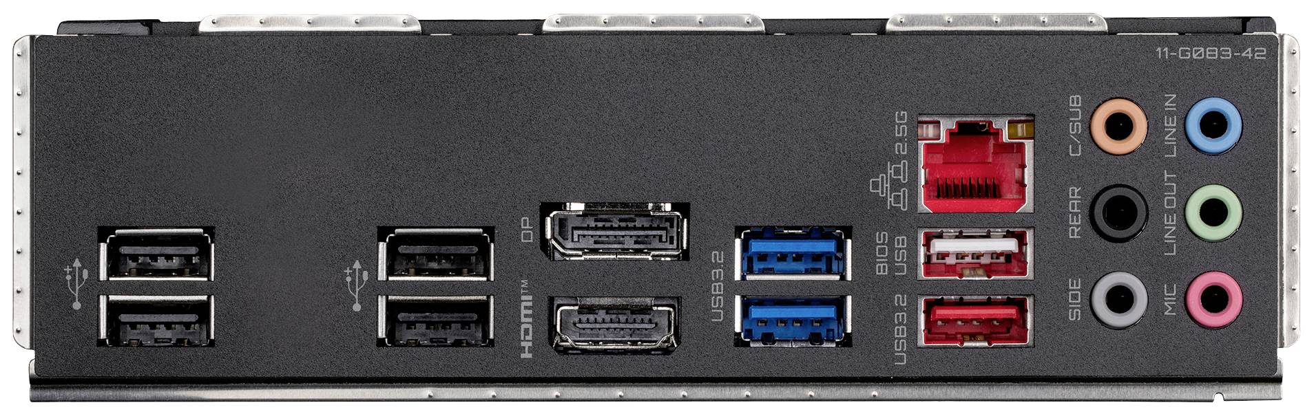 Widok z tyłu płyty głównej komputera z różnymi gniazdami: USB, HDMI, Ethernet, audio oraz złączami kabli optycznych.