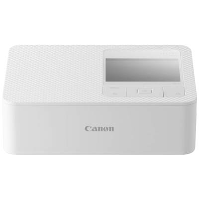Biały drukarka Canon z małym wyświetlaczem i elementami sterującymi na panelu.