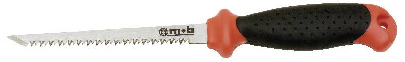 Piła ręczna o pomarańczowo-czarnym kolorze z ząbkowanym ostrzem, przeznaczona głównie do precyzyjnego cięcia materiałów takich jak drewno lub płyta gipsowo-kartonowa.