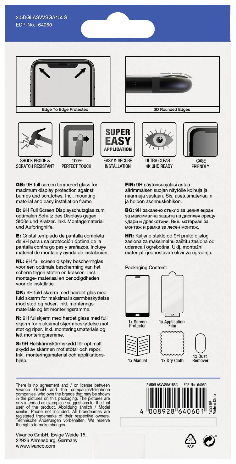 Opakowanie ochrony ekranu do smartfonów z instrukcją użycia, w tym odporność na wstrząsy, ultra-przejrzysta optyka oraz łatwa instalacja.