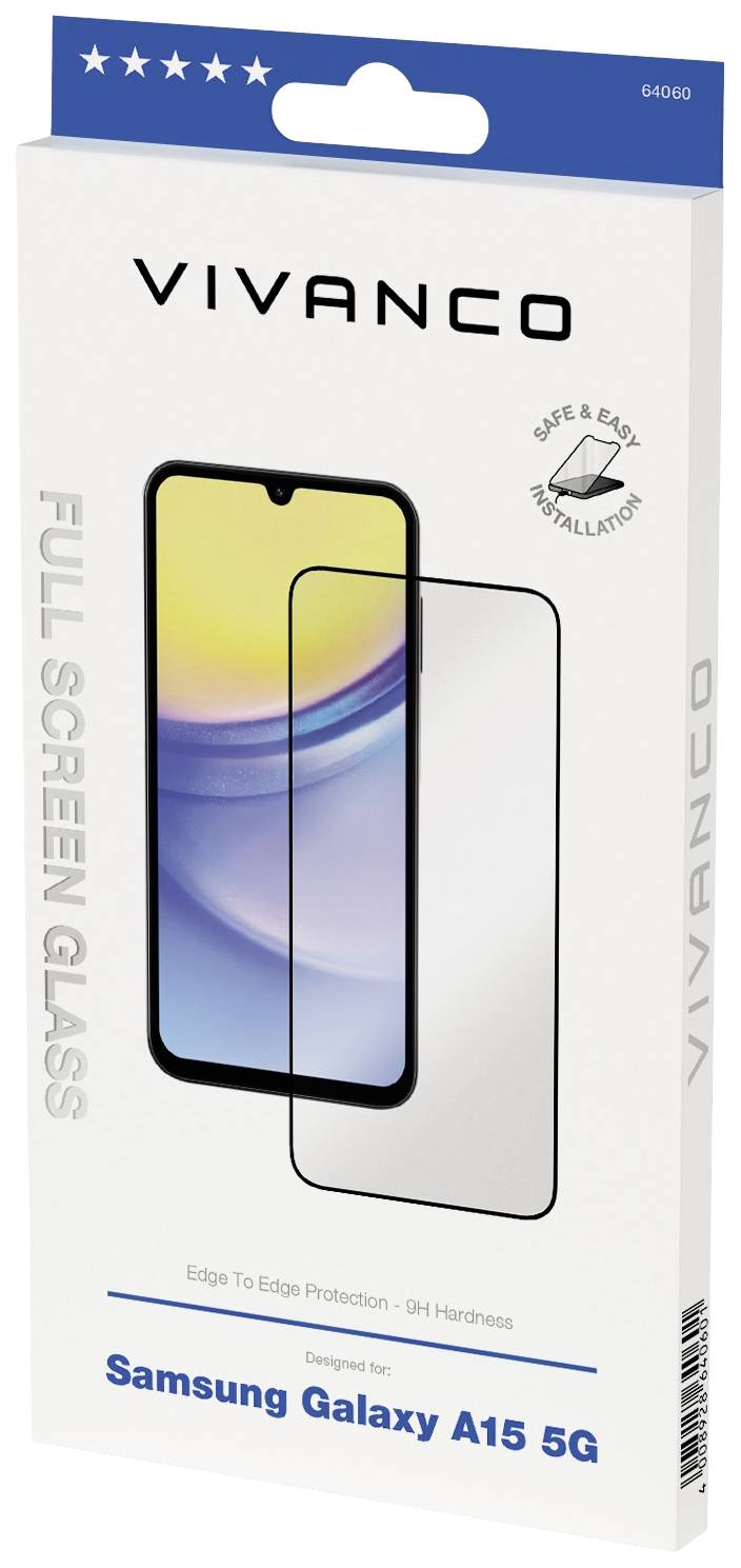Opakowanie osłony wyświetlacza Vivanco dla Samsung Galaxy A15 5G, prezentujące szkło ochronne i podkreślające "Pełnoekranową ochronę".