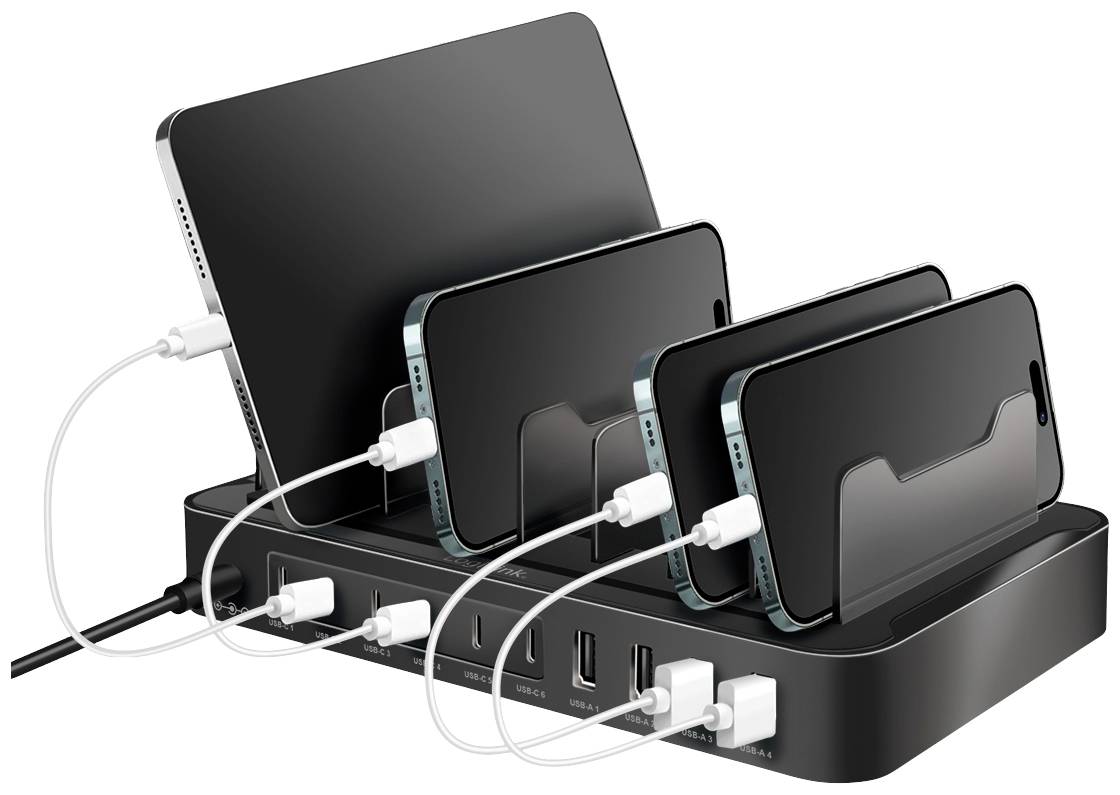 Wielostanowiskowa stacja ładowania z tabletem i czterema smartfonami podłączonymi do ładowania. Wszystkie urządzenia są połączone przewodami i zabezpieczone w czarnych uchwytach.