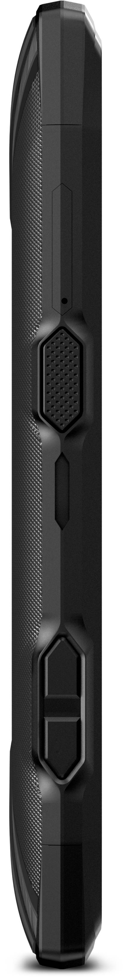 Czarny, pokazany z boku smartfon z przyciskami strukturalnymi pośrodku.