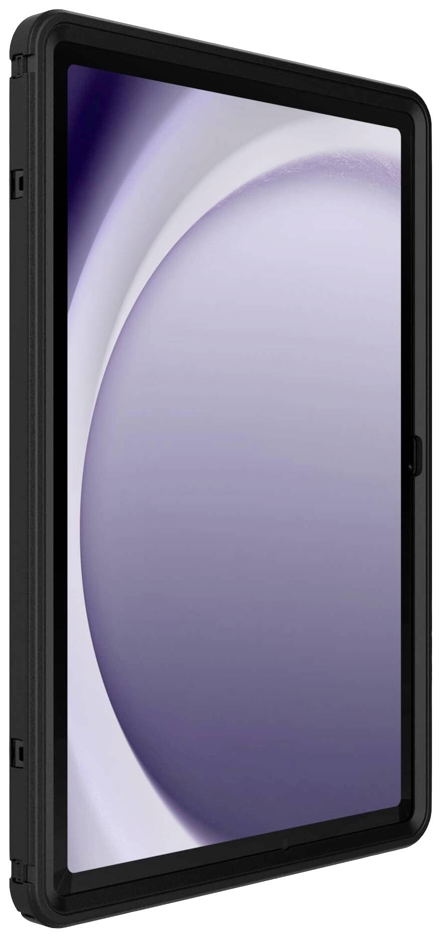 Czarny tablet w orientacji pionowej z aktywną blokadą ekranu. Na wyświetlaczu widoczny jest nowoczesny, abstrakcyjny wzór.