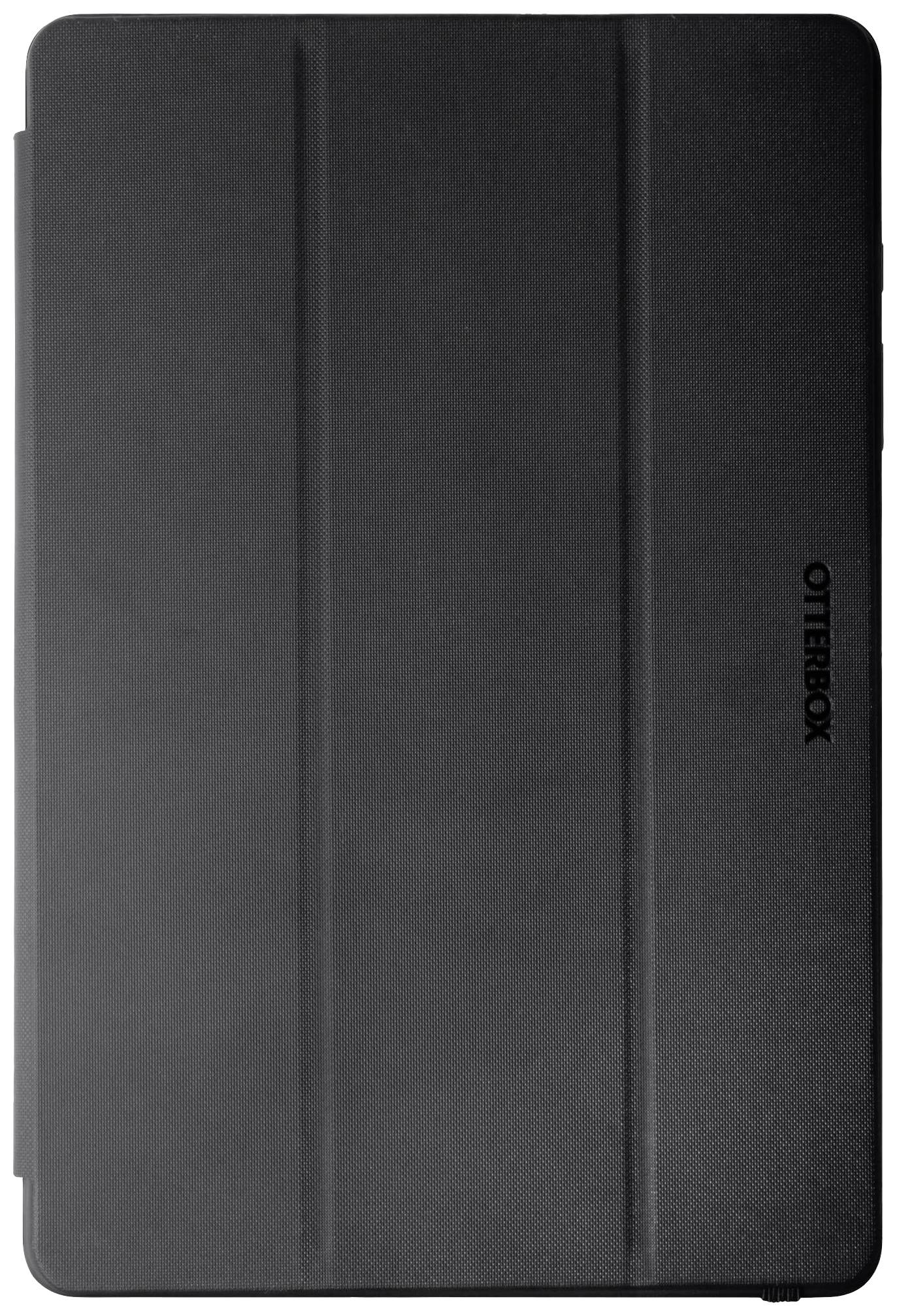 Czarna obudowa na tablet z logo OtterBox, zamknięta. Minimalistyczny design, zapewnia ochronę tabletowi.