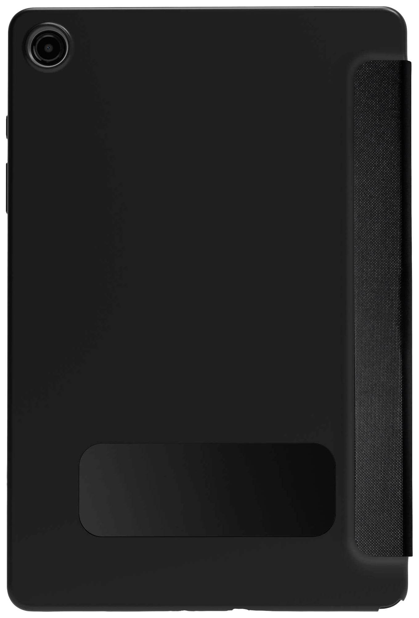 Czarny tablet z zaokrąglonymi rogami, kamera w lewym górnym rogu.