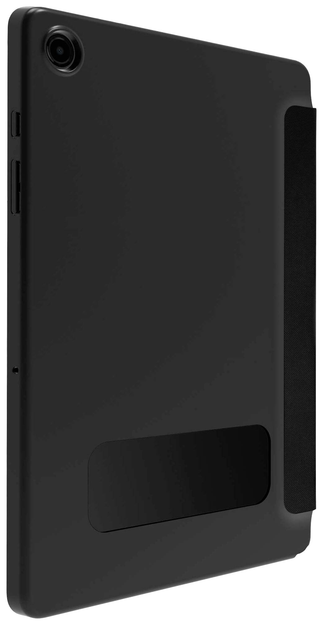 Czarny tablet w ochronnej, matowej obudowie, widok z tyłu. Aparat widoczny w lewym górnym rogu.