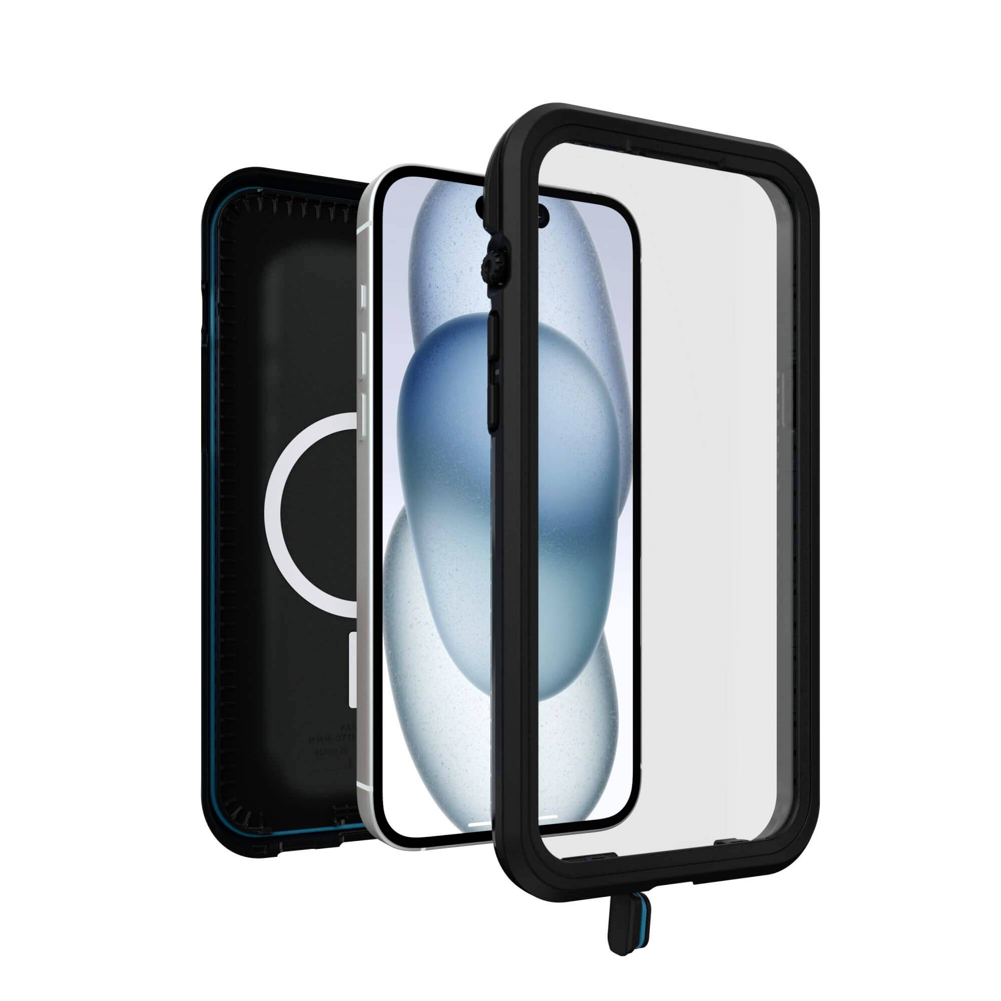 Telefon komórkowy w czarnym etui ochronnym, widoczny przód i tył, prezentujący warstwy zabezpieczenia.