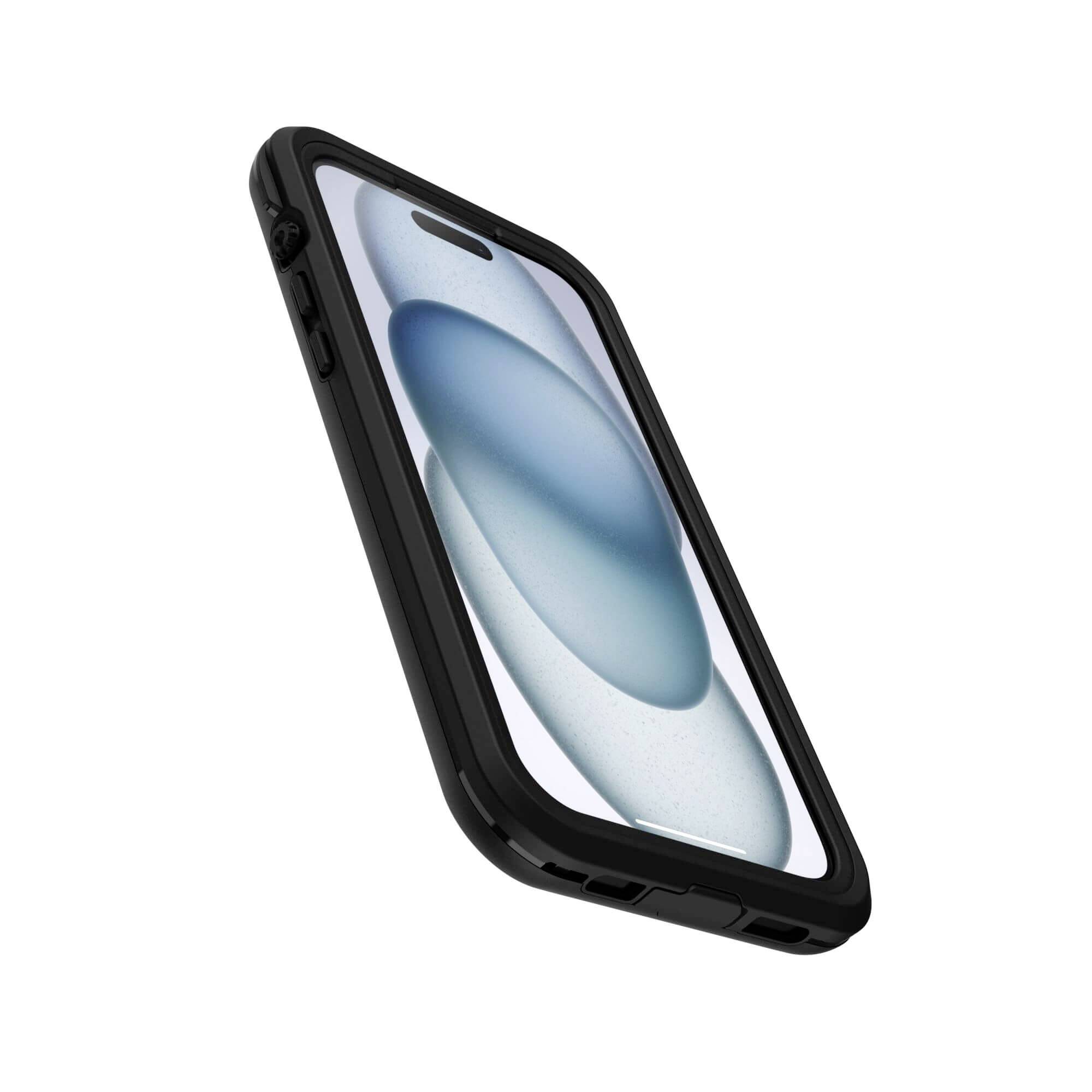 Czarny smartfon z ochronnym etui bumper, na ekranie widoczne są abstrakcyjne niebieskie kształty.