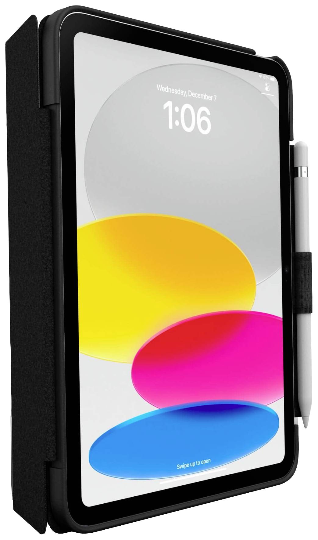 Tablet z kolorową grafiką w tle, cyfrowym rysikiem po stronie oraz godziną '1:06' na wyświetlaczu.