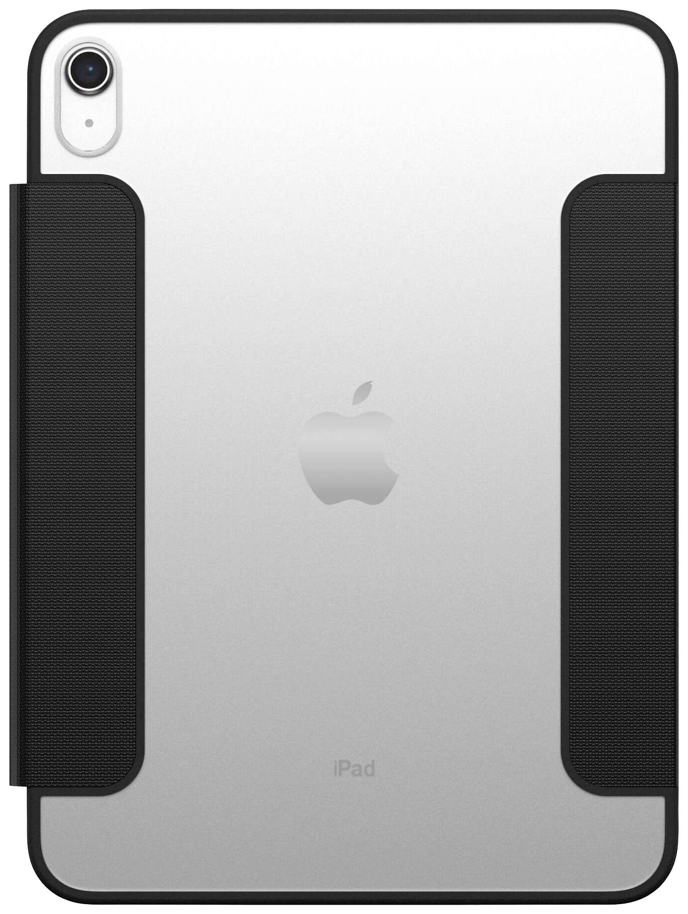 Srebrno-szary tablet z czarną ramką i logo jabłka pośrodku.