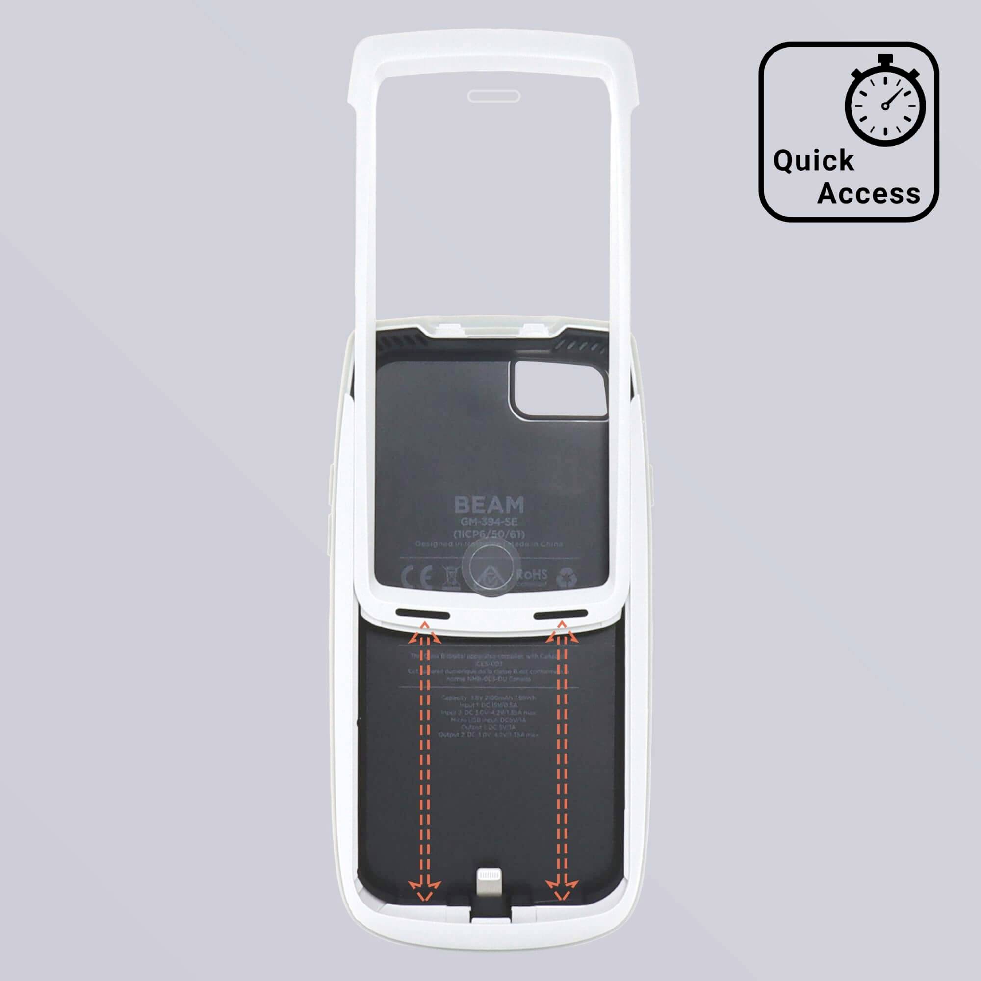 Urządzenie z otwartą obudową przedstawia strzałki wskazujące dostęp do elementów wewnętrznych. Symbol z napisem 'Szybki Dostęp' w prawym górnym rogu.