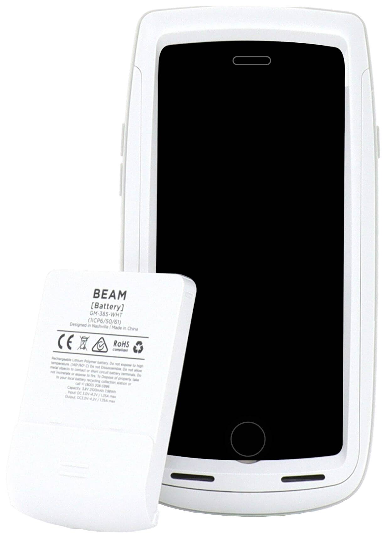 Biały telefon komórkowy z wymienną baterią, która leży obok urządzenia. Na baterii wydrukowane są specyfikacje produktu.