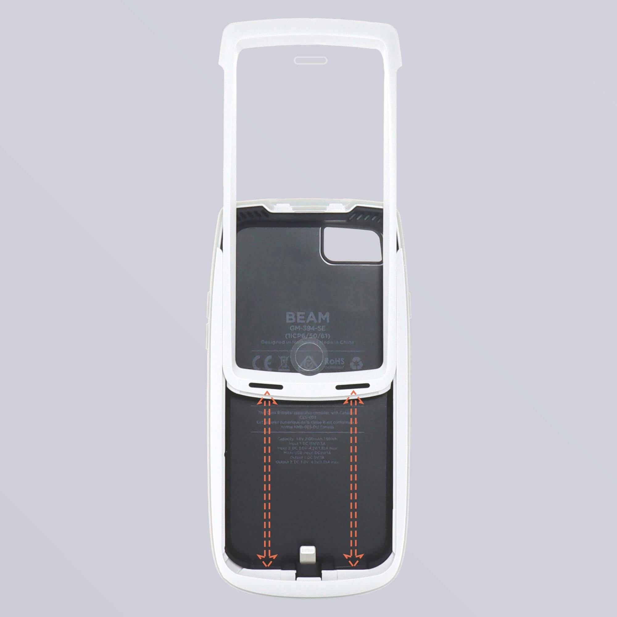 Białą obudowę z szarym wnętrzem przecinają czerwone, kropkowane linie biegnące w dół.