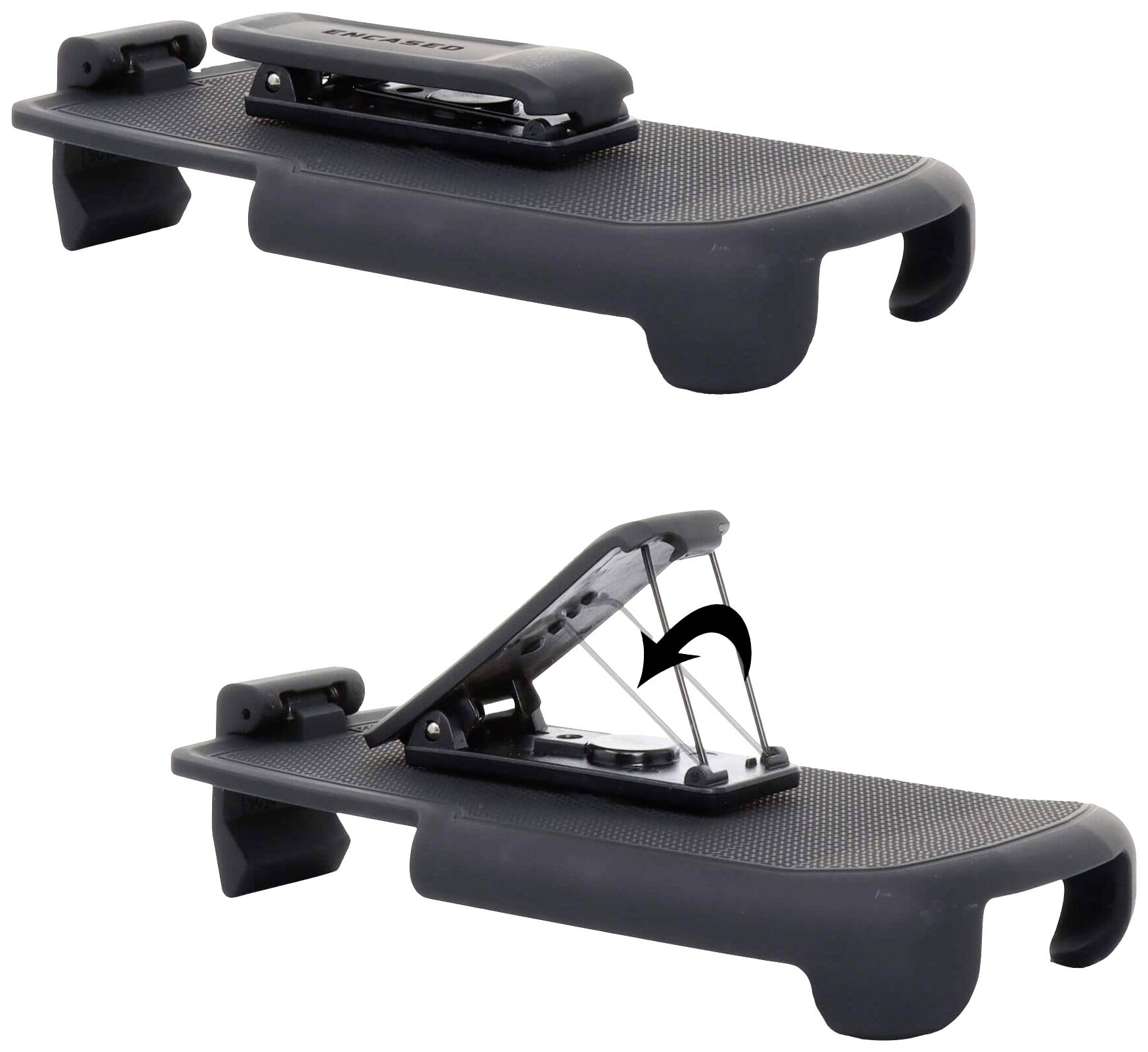 'Czarna podpora z mechanizmem składanym do mocowania na powierzchni, pokazana z dwóch perspektyw.'