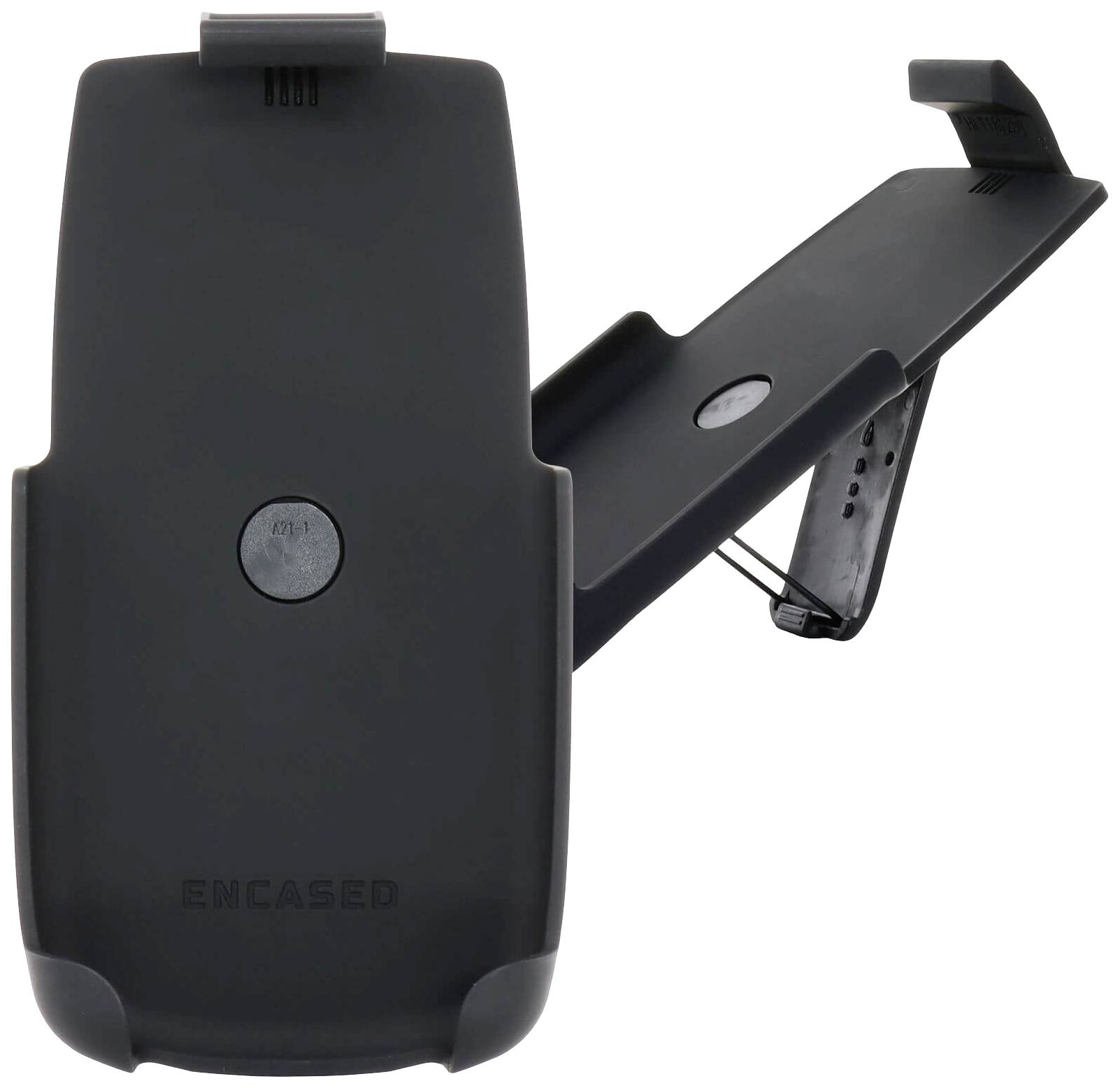 Czarny uchwyt do telefonu z klipsem, solidny i wytrzymały, idealny do zamocowania w kratkach nawiewu pojazdu, wyposażony w regulowane skrzydełka boczne.