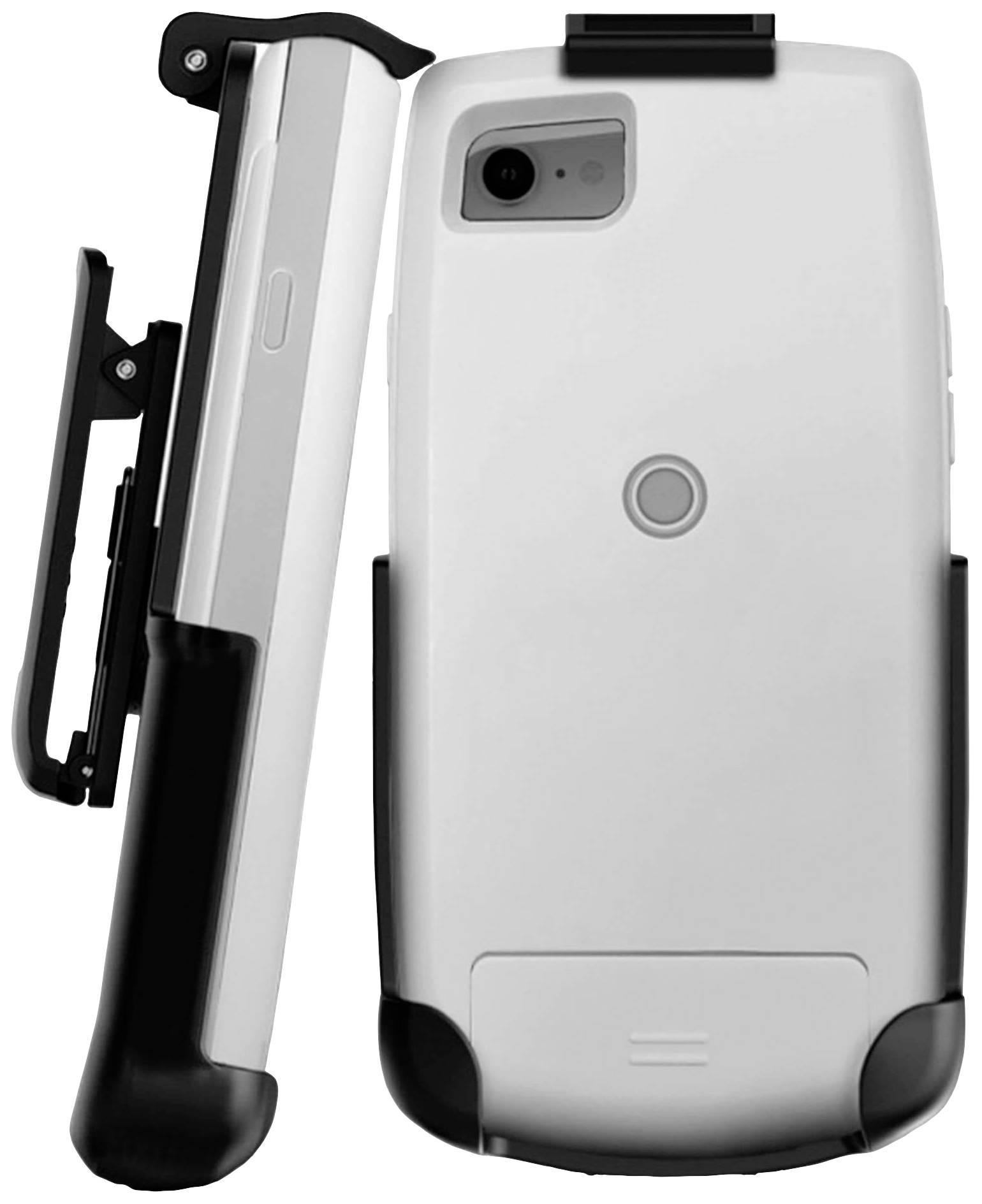 Dwa mobilne urządzenia z wytrzymałą obudową i zatrzaskiem montażowym, ustawione obok siebie. Projekt wskazuje na użycie w terenie.