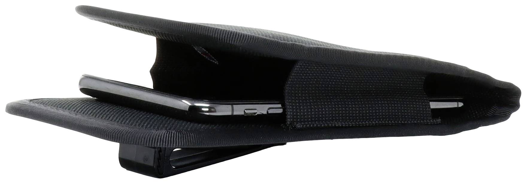 Widok z boku czarnego, otwartego etui na telefon z elastycznym zapięciem. Smartfon jest częściowo wsunięty do środka.