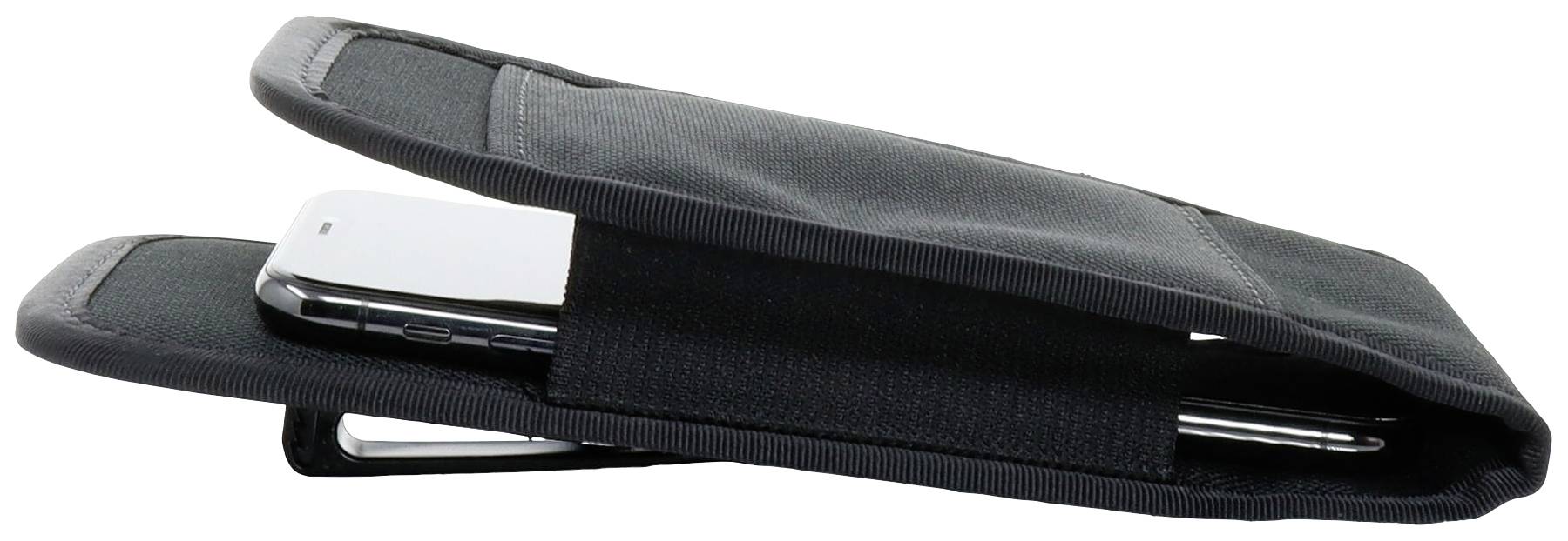 Czarna torba, w której znajduje się smartfon, lekko otwarta, ukazuje wyświetlacz telefonu i otwór dostępowy torby.