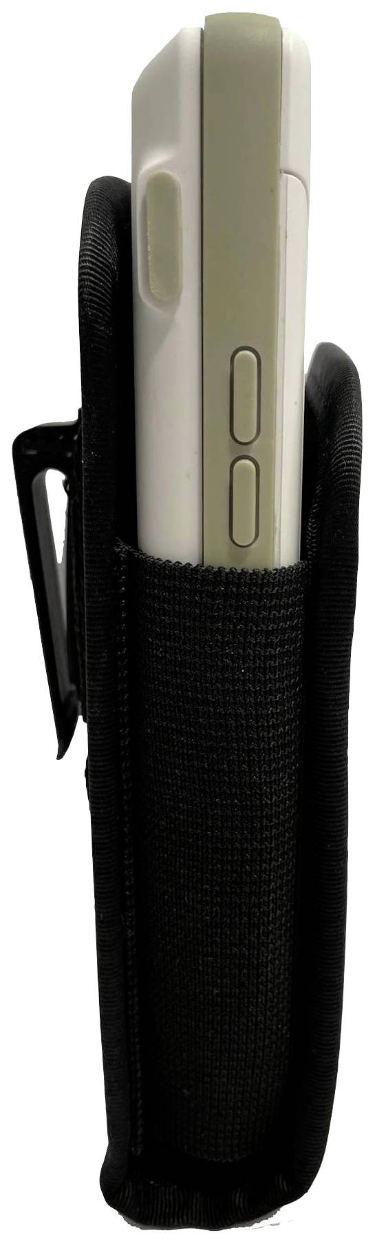 'Telefon komórkowe w czarnej torbie z tkaniny z bocznym otwarciem i klipsem.'
