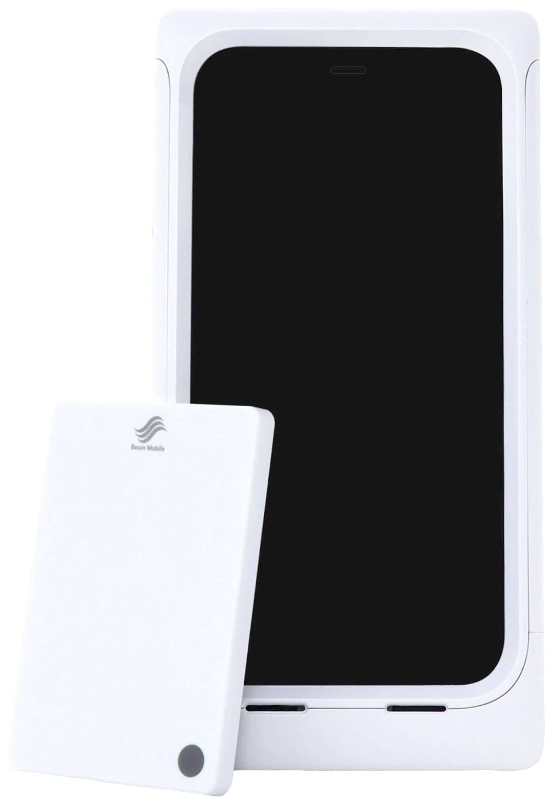 Biały mobilny urządzenie z większym ekranem. Obok niego leży mniejsza biała karta. Oba elementy wydają się być technologicznie powiązane.