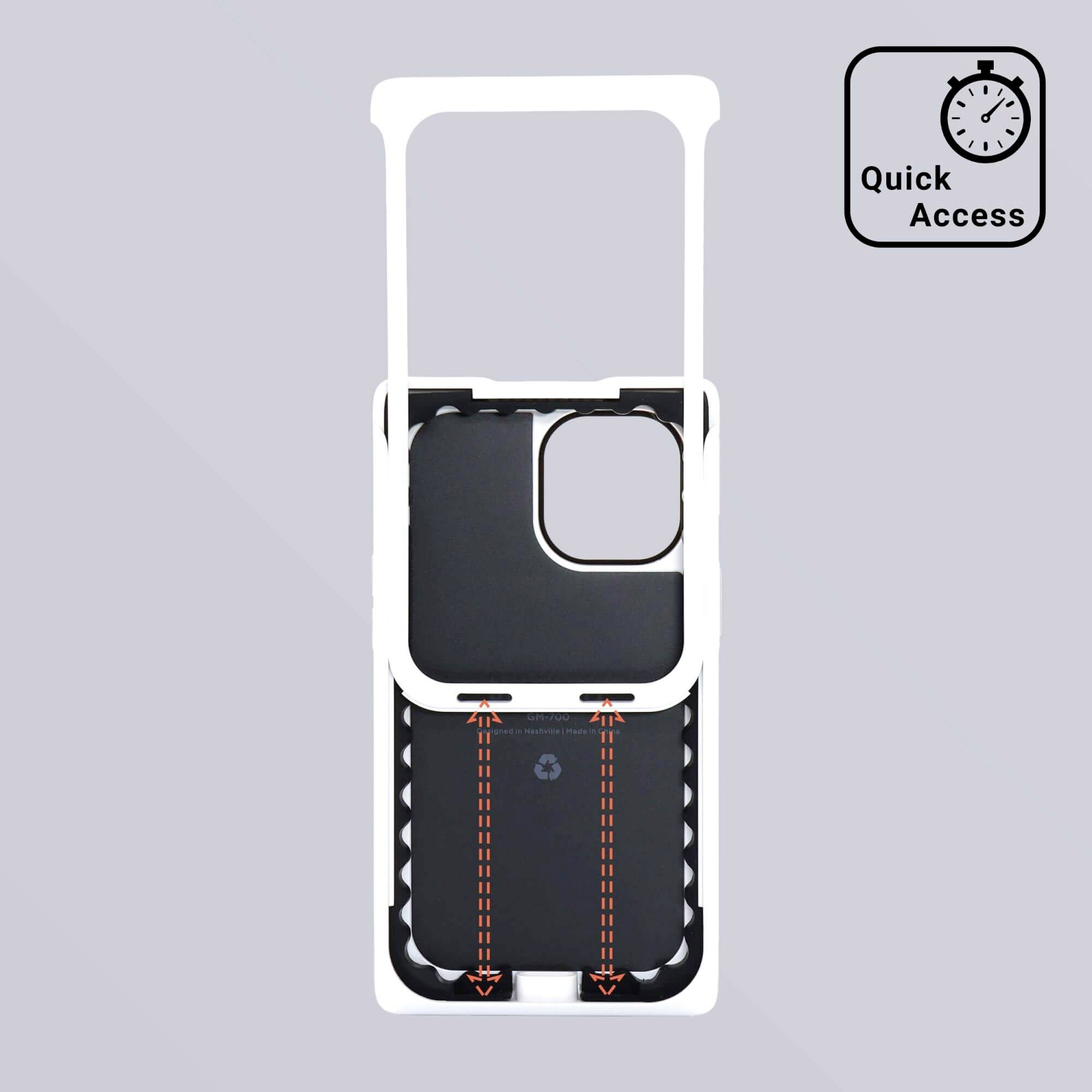 Etui na telefon z ruchomą częścią wskazuje funkcję 'Szybki dostęp' za pomocą symbolu zegarka. Umożliwia szybkie uruchomienie aparatu.
