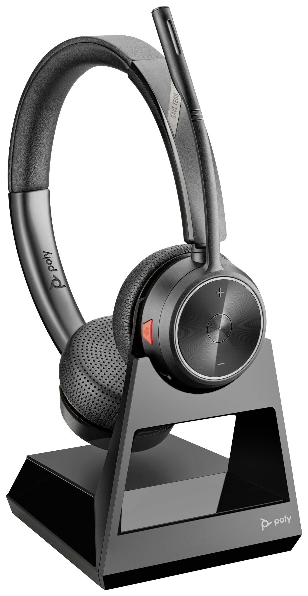 Czarne bezprzewodowe słuchawki w stacji dokującej z mikrofonem i regulacją głośności. Nazwa marki na pałąku i podstawce.