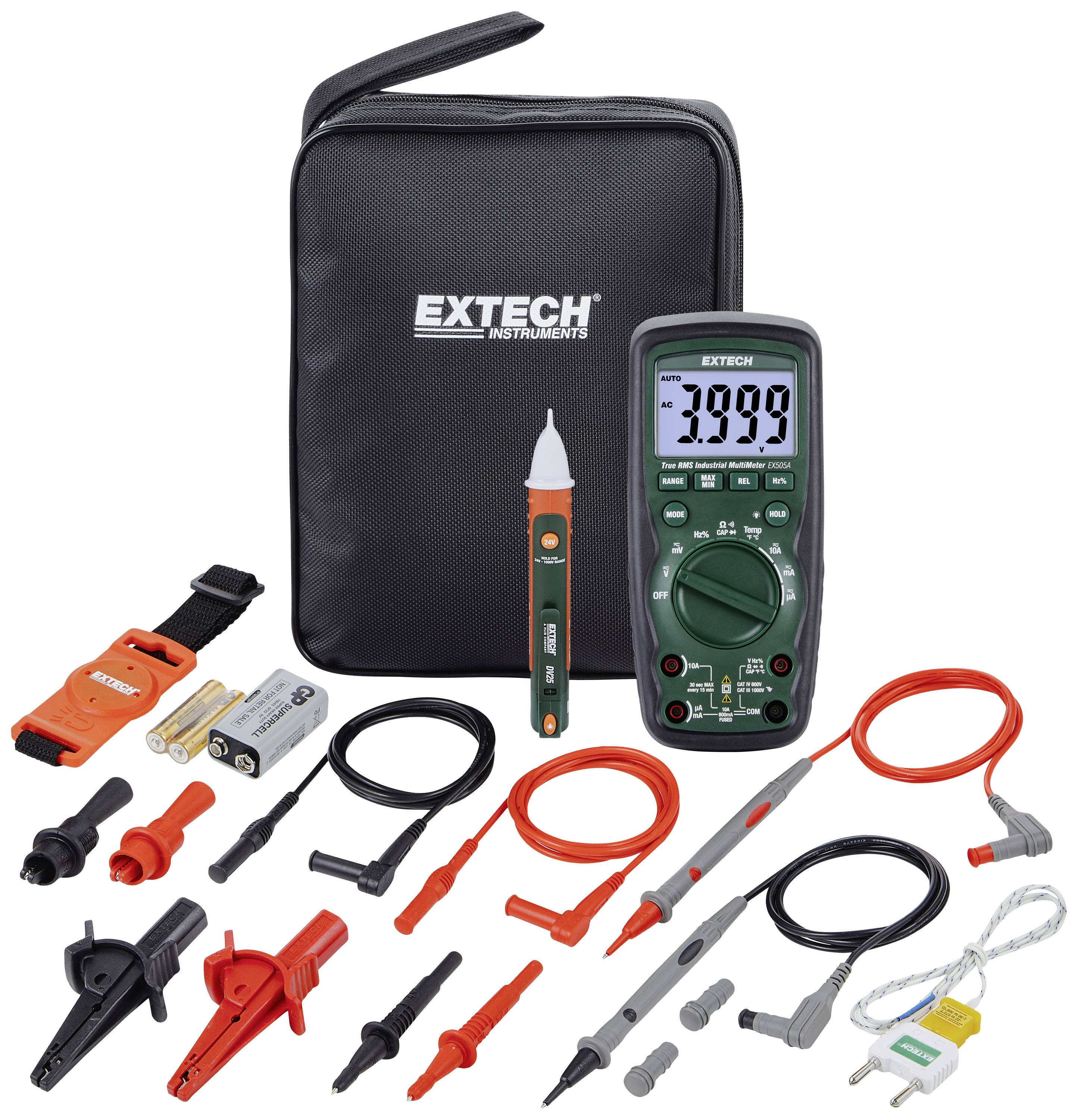 Zestaw multimetru, miernika napięcia, przewodów i akcesoriów na białym tle.