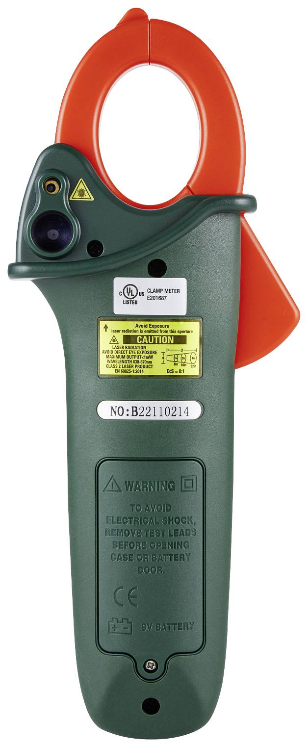 Zielony przyrząd pomiarowy prądu z pomarańczowym zaciskiem i żółtym ostrzeżeniem. Urządzenie służy do pomiaru napięcia elektrycznego i jest zasilane bateryjnie.