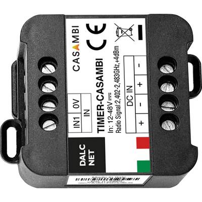 Czarny elektroniczny przyrząd z oznaczeniem 'Timer-CASAMBI'. Wejścia DC IN i sterowania. Oznaczenie CE.