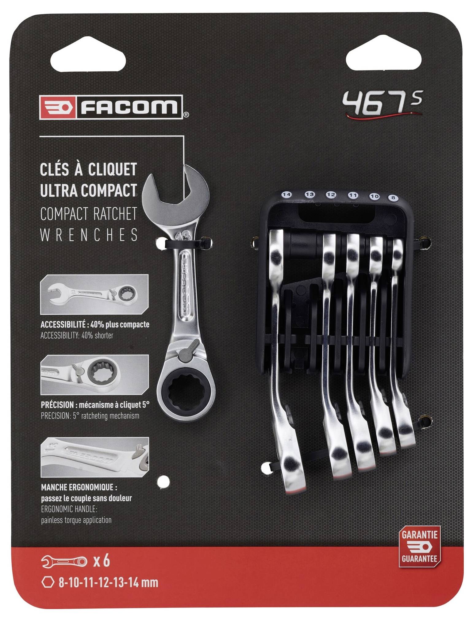 Opakowanie z sześcioma kluczami płasko-oczelkowymi z mechanizmem zapadkowym marki Facom, o rozmiarach 8-14 mm, kładące nacisk na ergonomię i precyzję.