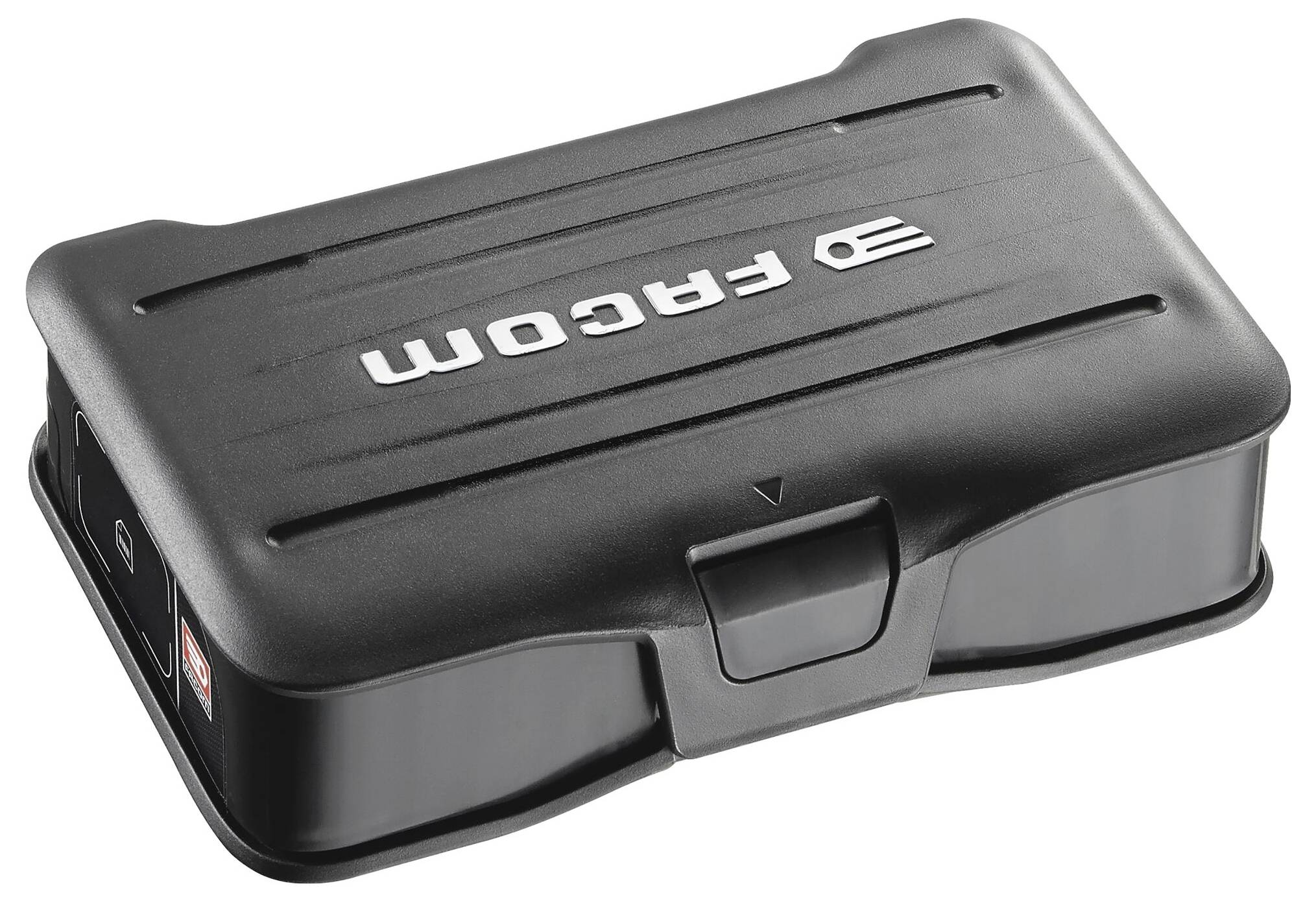 Czarny kufer narzędziowy z napisem 'FACOM' na pokrywie, używany do przechowywania narzędzi.