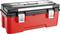 Czerwona skrzynka narzędziowa z czarnymi akcentami, srebrnymi zamknięciami i przezroczystą pokrywą. Idealna do organizacji i przechowywania narzędzi.