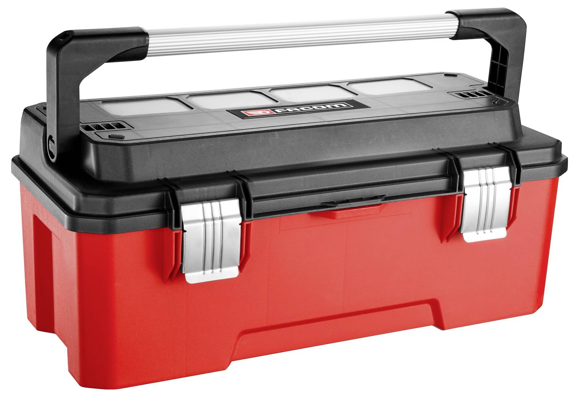 Czerwona skrzynka narzędziowa z czarną pokrywą i uchwytem; zamknięcia metalowe. Nadaje się do przechowywania narzędzi.