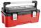 Czerwona skrzynka narzędziowa z czarną pokrywą i uchwytem; zamknięcia metalowe. Nadaje się do przechowywania narzędzi.