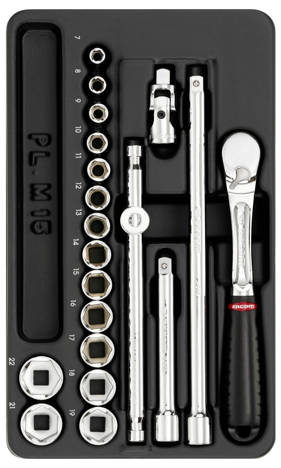 Zestaw różnych kluczy nasadowych w czarnej skrzynce narzędziowej, składający się z nasadek, przedłużek i grzechotki, ułożonych według rozmiaru.