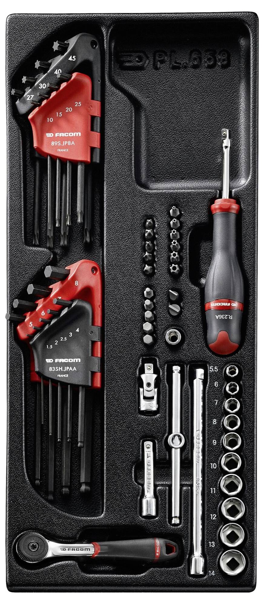 Zestaw czarnych i czerwonych narzędzi śrubowych w wkładzie formowanym. Zawiera klucze imbusowe, śrubokręty, końcówki i klucze nasadowe.