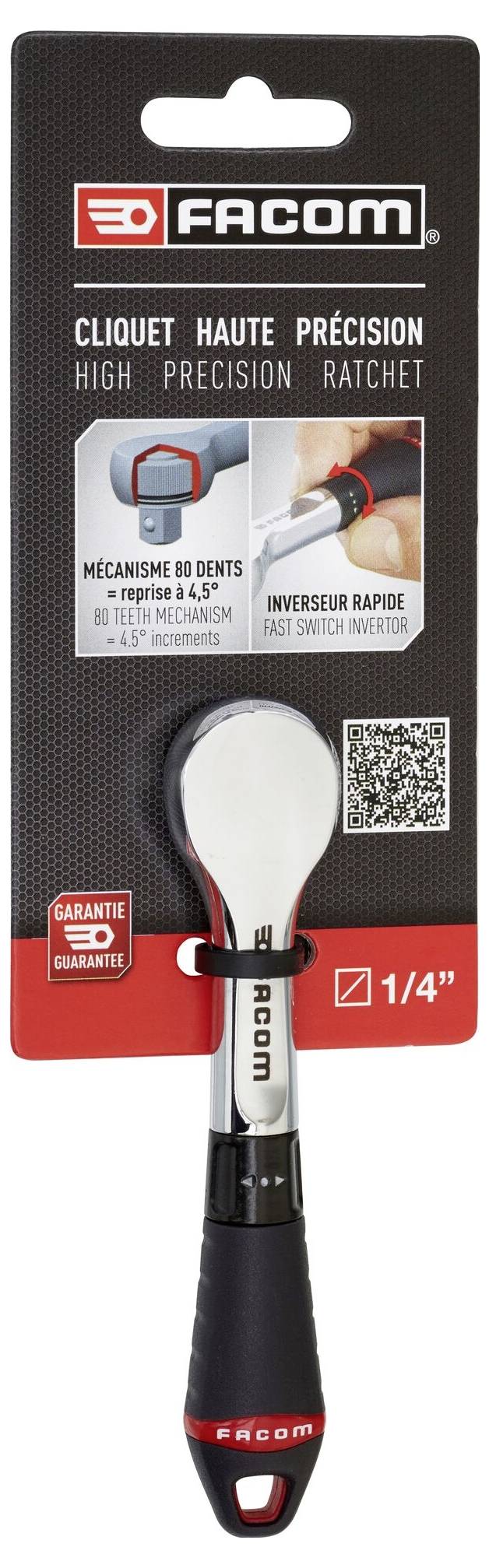 Klucz szczękowyy Facom 1/4 cala o wysokiej precyzji z mechanizmem 80-zębnym, z szybką zmianą kierunku, prezentowany na zawieszce.