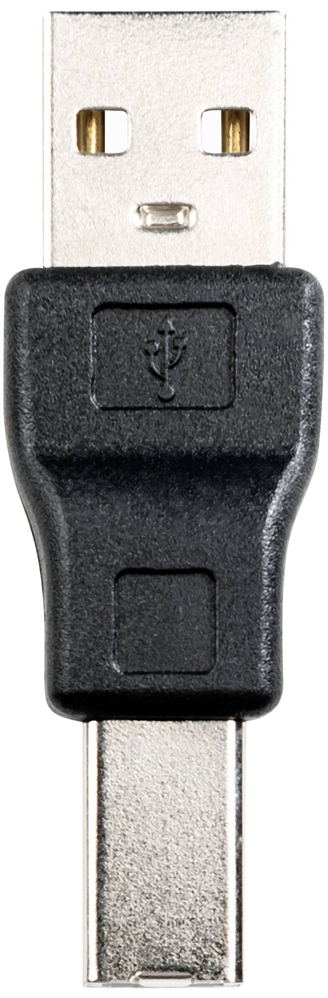 Adapter USB: Górne złącze standardowe USB, dolne złącze Micro-USB, obudowa z czarnego tworzywa sztucznego. Łączy urządzenia z różnymi interfejsami USB.