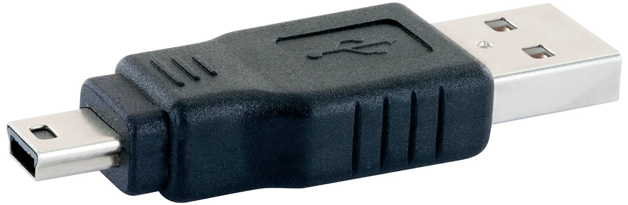 Czarny adapter USB z standardowym wtykiem USB oraz złączem Mini-USB.