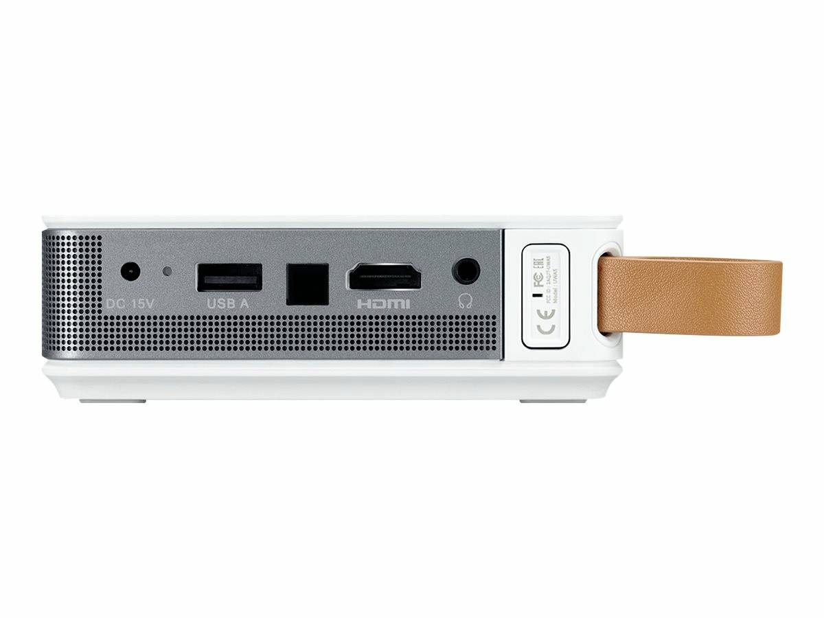 Tylna część projektora z gniazdami: DC 15V, USB A, HDMI, wyjście audio. Z brązowym paskiem do przenoszenia z boku.