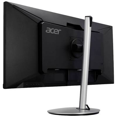 Monitor marki Acer widziany od tyłu. Ekran posiada srebrną, okrągłą podstawę i matową, czarną obudowę.