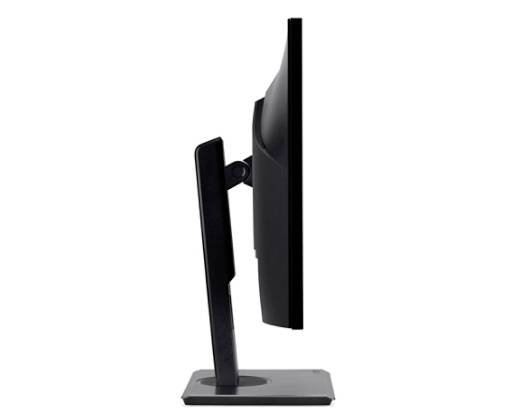 Widok z boku czarnego ekranu komputerowego umieszczonego na prostokątnej podstawie.