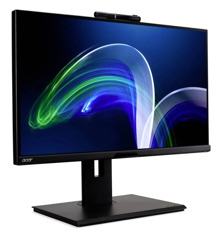 Ekran komputerowy na czarnej podstawie wyświetla kolorowe smugi świetlne na ciemnym tle.