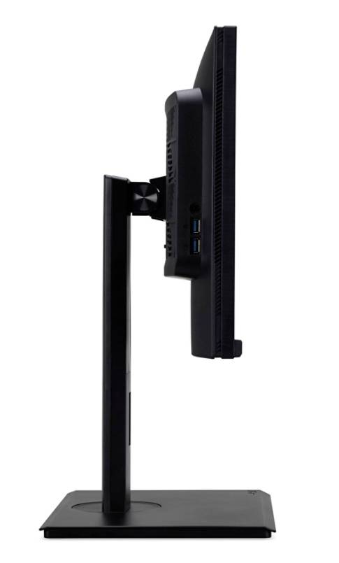 Widok z boku monitora komputerowego na podstawce, ekran skierowany w prawo. Ekran jest wąski i czarny.