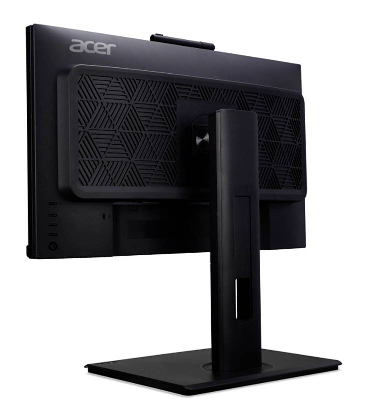 Widok z tyłu czarnego monitora komputerowego na prostokątnej podstawie. Logo Acer jest widoczne w górnym rogu.