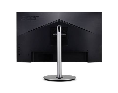 Czarny monitor stoi na srebrnej podstawce i prezentuje swoją tylną część z logo marki w górnym lewym rogu.