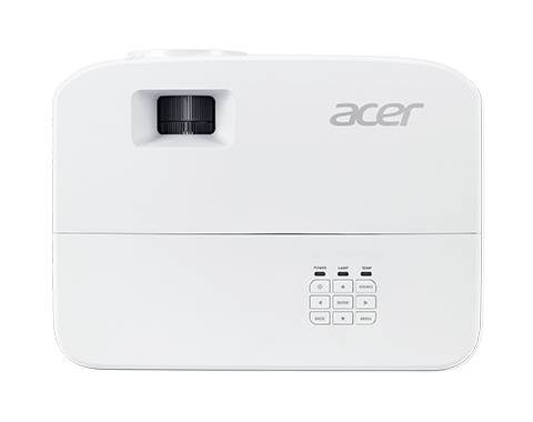 Biały projektor Acer z elementami sterującymi i pokrętłem ostrości na górnej powierzchni, odpowiedni do prezentacji lub domowego kina.