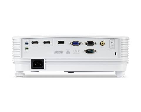 Widok z tyłu projektora z wieloma złączami, w tym HDMI, VGA, USB oraz złączem zasilania. Urządzenie na białym tle.