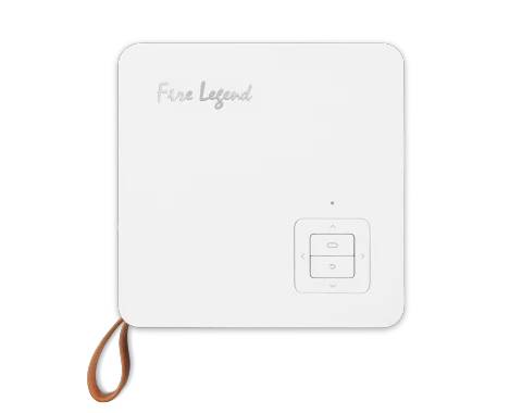 Białe urządzenie elektroniczne o kwadratowym kształcie z napisem 'Fire Legend' i przyciskami sterującymi.